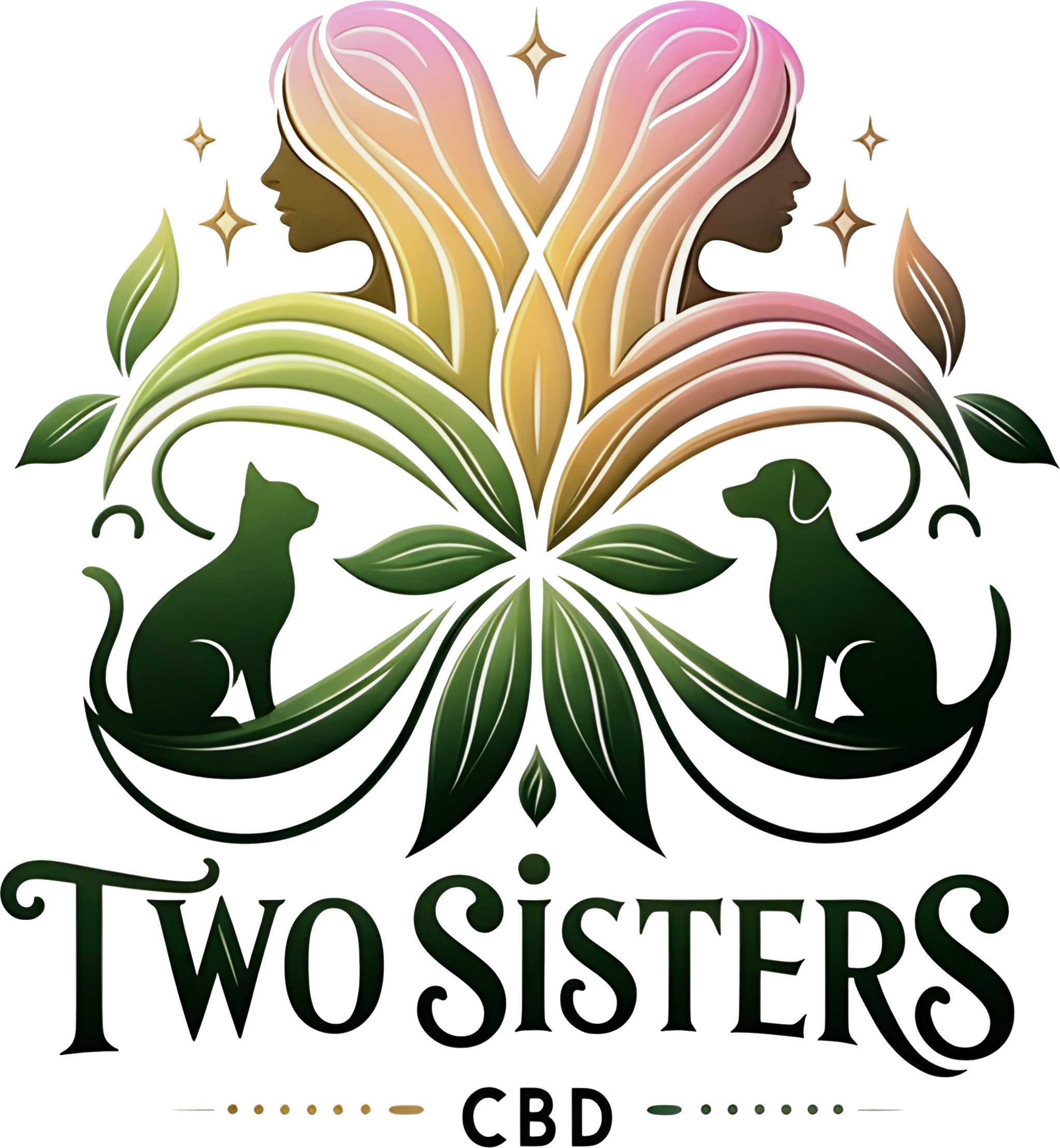Logo with two cats and a large flower, text 'Two Sisters Cafe'.