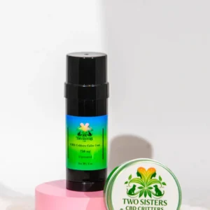 A green bottle of essential oil on a pink pedestal with a white background.