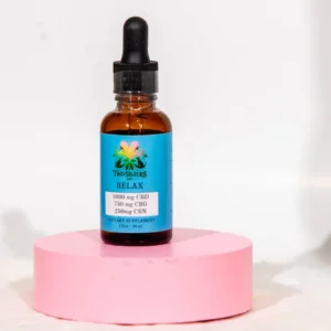 Amber dropper bottle with blue label on pink round pedestal.
