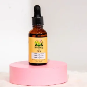 Amber dropper bottle of CBD oil on a pink pedestal.